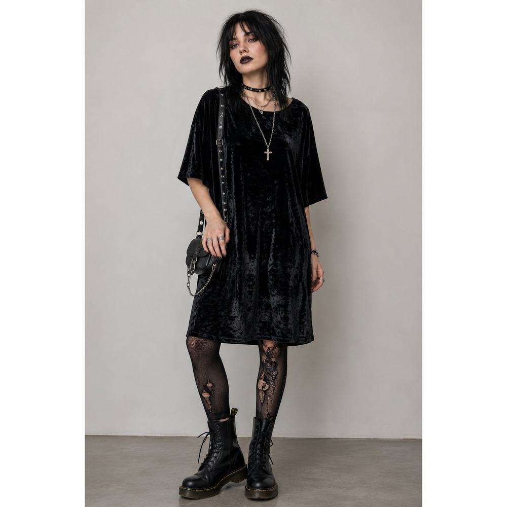 Black Crushed Velvet Oversized T Shirt Dress Soft Goth Whimsigoth Grunge Small